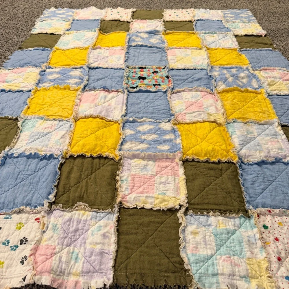 Handmade Patchwork Rag Quilt Blanket Nursery Toddler Blue Yellow Olive 53